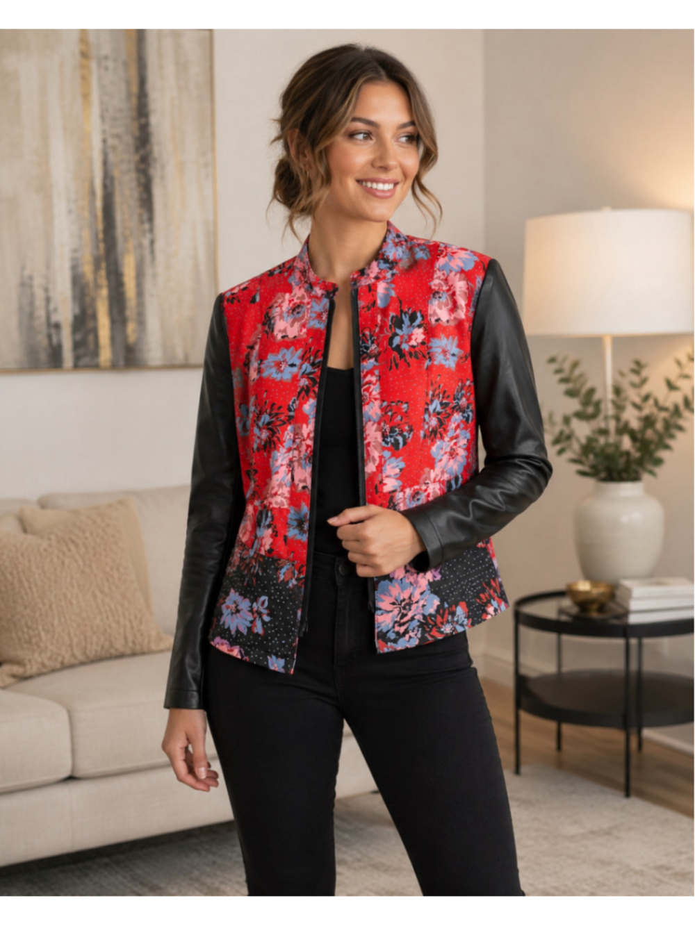 G.I.L.I. Got It Love It Floral Faux Leather Sleeve Zip Jacket Women’s Size 8